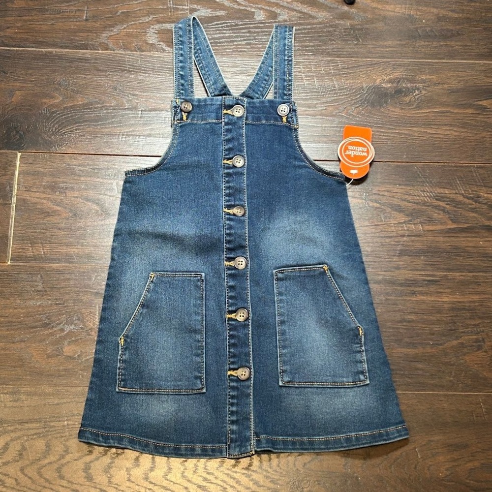 Wonder Nation Girls Denim Jumper Dress Button Front Pockets‎ Stretch 5T